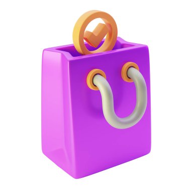 Alışveriş torbası 3D, ikon çizimi. Çanta mı paket mi? Satış, indirim ve promosyon, çevrimiçi ürün satın alma kavramı