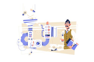 Bilim adamı fikir vektör illüstrasyonunu filtrelemek için makine yarattı. Yaratıcı vizyon düz stil olarak ampul. Bilim, icat, keşif konsepti