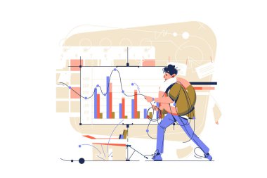 Guy istatistik vektör illüstrasyonunu izler ve analiz eder. İstatistiksel düz stili nitelikli işçi oyunları. Veri, rapor, kontrol kavramı