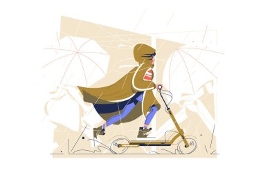 Yağmurlu vektör çizimi altında scooter süren bir kız. Gençler kısmen kötü hava koşullarında vakit geçirirler. Fiziksel aktivite, hobi konsepti