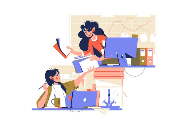 Difference Working Home Office Vector Illustration Coworkers Share Documents Flat — Stok Vektör