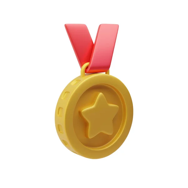 中央の3Dレンダリングイラストの星付きゴールドメダル リボン付きの金賞または賞 勝利と競争の概念 — ストック写真