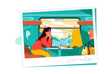Trenle seyahat eden bir kız pencere vektör çizimine bakıyor. Hayalperest yolcu düz manzaranın tadını çıkarıyor. Turizm, macera, gezi konsepti
