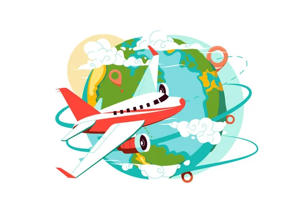 Airplane Fly World Globe Explore Planet Vector Illustration Plane Passengers — Stock Vector