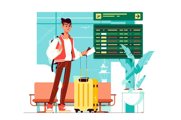 Upset Passenger Luggage Wait Departure Airport Vector Illustration Flight Delay — Stock Vector