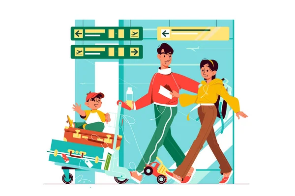 Familia Aeropuerto Prepararse Para Ilustración Vector Salida Familia Pasar Por — Archivo Imágenes Vectoriales