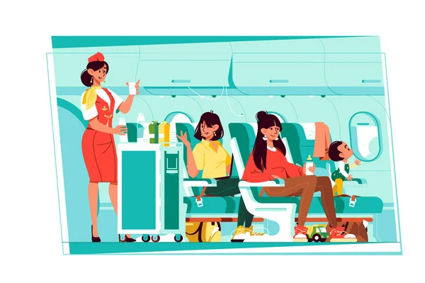 승객들은 비행기에 앉아서 삽화에서 고품질의 서비스를 받는다 술취한 여자는 스타일로 — 스톡 벡터
