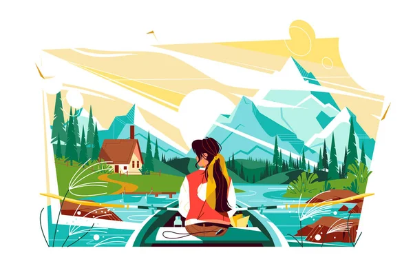 Mädchen Boot Fahren Auf Dem See Malerische Berglandschaft Vektor Illustration — Stockvektor