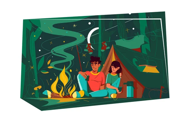 Couple Près Feu Dans Soirée Nuit Camping Dans Nature Illustration — Image vectorielle