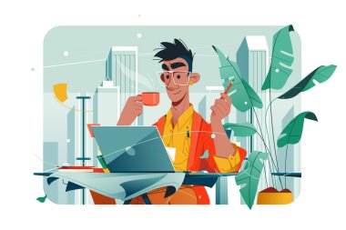 Dizüstü bilgisayarda çalışan ve kahve vektörü çizimi içen adam. Freelancer kafede çalışıyor. Serbest meslek düz konsept.