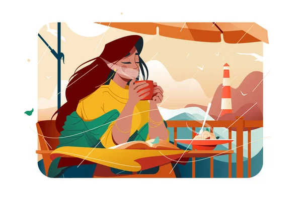 Jolie Femme Souriante Vêtements Chauds Dégustant Café Illustration Vectorielle Café — Image vectorielle