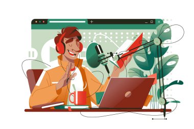Podcast kayıt ve yayın vektörü illüstrasyonu. Podcaster izleyicilerle konuşuyor. Radyo, ses yayınlama servisi