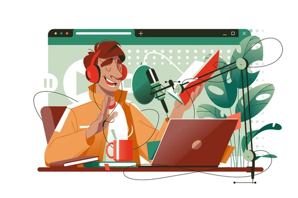 Podcast Kayıt Yayın Vektörü Illüstrasyonu Podcaster Izleyicilerle Konuşuyor Radyo Ses — Stok Vektör