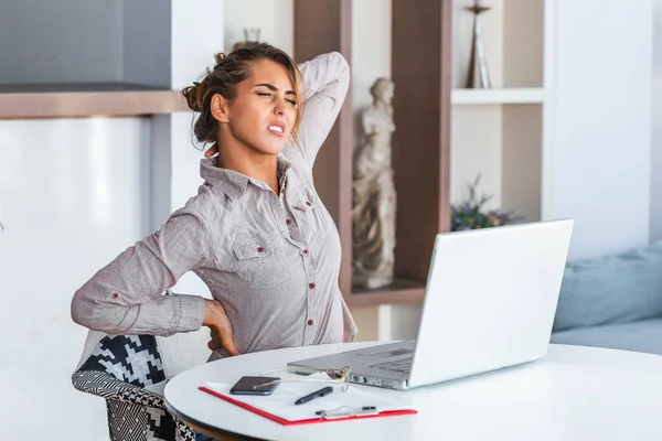 Portrait Young Stressed Woman Sitting Home Office Desk Front Laptop —  Fotos de Stock
