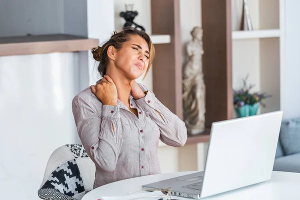 Feeling Exhausted Frustrated Young Woman Looking Exhausted Massaging Her Neck — Photo