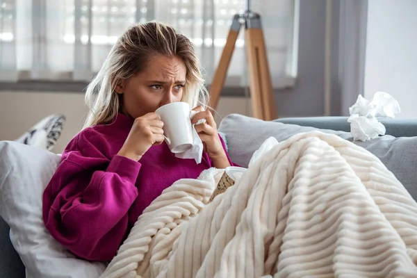 Cold Flu Portrait Ill Woman Caught Cold Feeling Sick Drinking — Foto de Stock