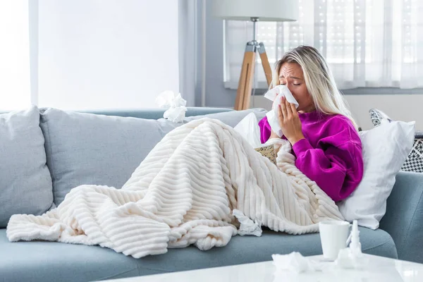 Sick Day Home Blonde Woman Has Runny Common Cold Cough —  Fotos de Stock