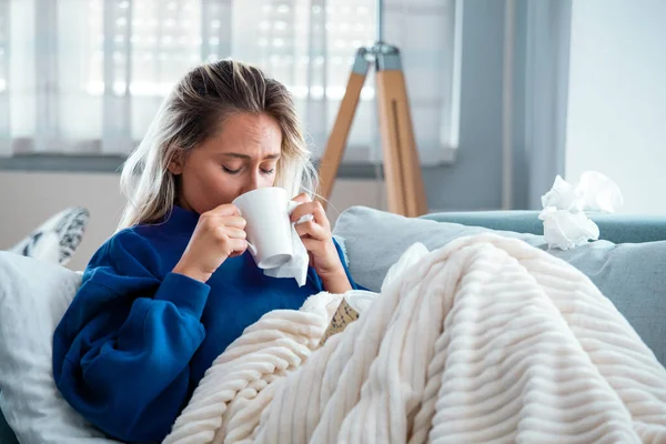 Cold Flu Portrait Ill Woman Caught Cold Feeling Sick Drinking — Stock Photo, Image