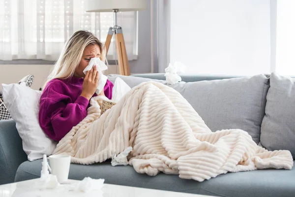 Sick Day Home Blonde Woman Has Runny Common Cold Cough —  Fotos de Stock