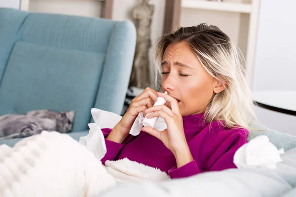 Woman Having Flu She Using Nasal Spray Help Herself Woman — Photo