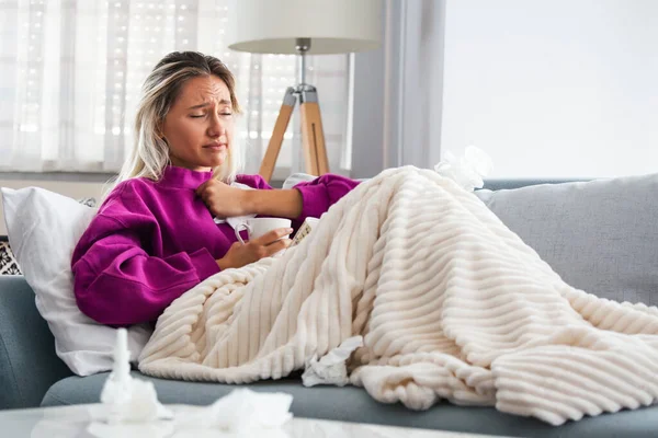 Sick Day Home Blonde Woman Has Runny Common Cold Cough —  Fotos de Stock