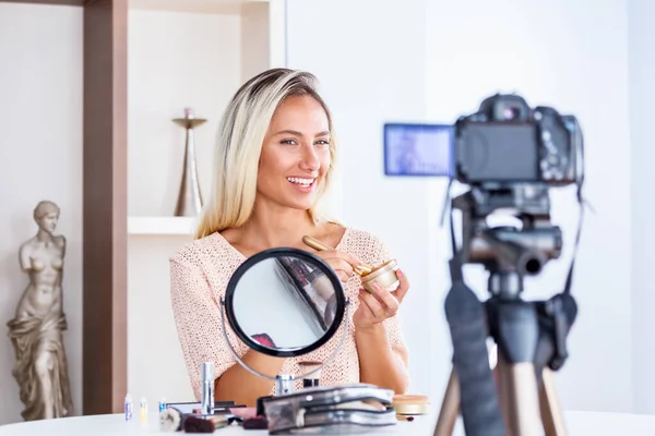 Beautiful Young Female Blogger Recording Vlog Video Makeup Cosmetic Home — Stock Photo, Image