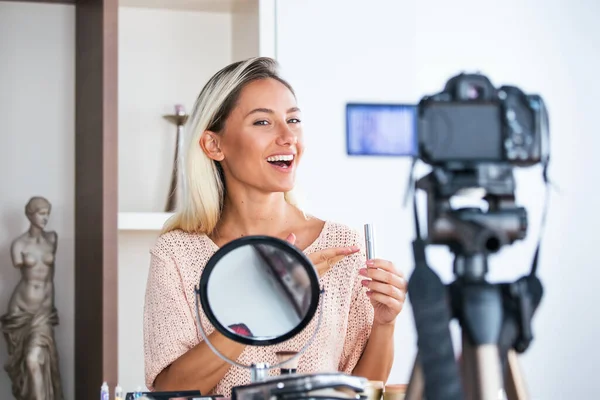 Beautiful Young Female Blogger Recording Vlog Video Makeup Cosmetic Home — Foto de Stock