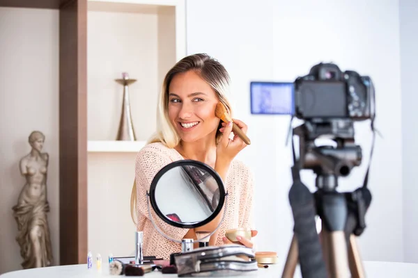 Young Beautiful Blonde Woman Professional Beauty Vlogger Blogger Recording Make — Foto Stock
