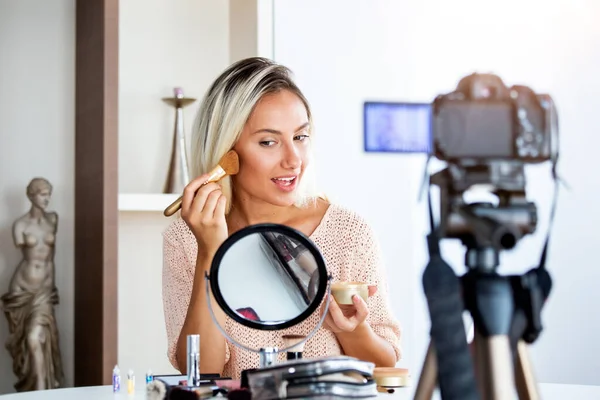 Beautiful Young Female Blogger Recording Vlog Video Makeup Cosmetic Home — ストック写真