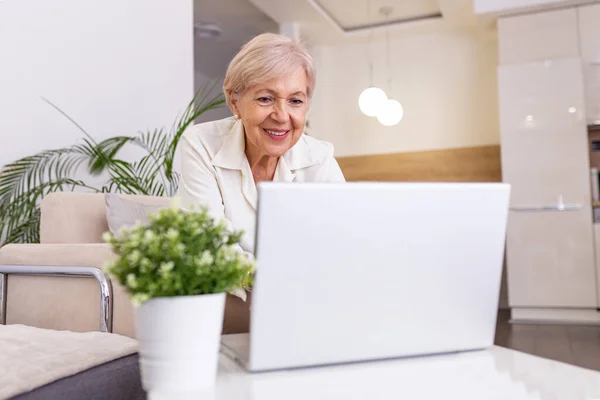 Elderly lady working with laptop. Portrait of beautiful older woman working laptop computer indoors. Senior woman using laptop at home, laughing