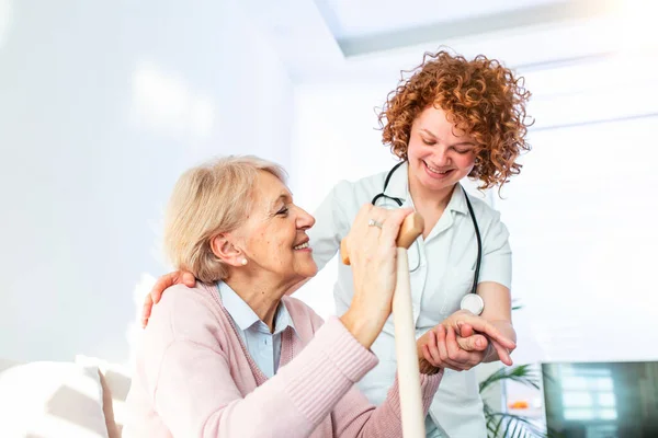 Happy Patient Holding Caregiver Hand While Spending Time Together Elderly — Foto Stock