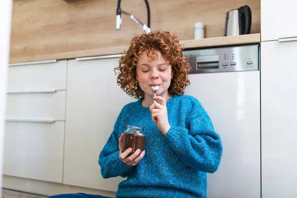 Cute Ginger Young Woman Modern Stylish Clothes Enjoying Tasty Chocolate — Photo