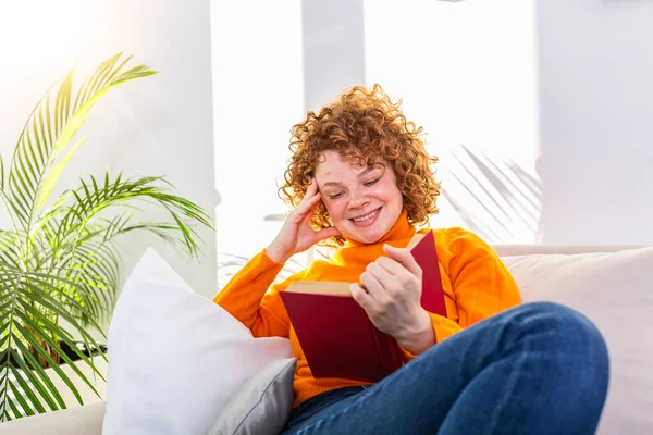 Cute Woman Sitting Bed Morning Drinking Tea Reading Book Casual — Stockfoto