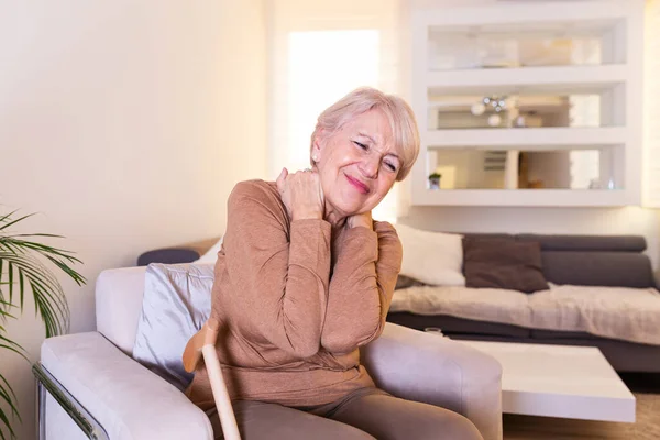 Senior Woman Feeling Exhausted Suffering Neck Pain Health Concept Sad — Stockfoto