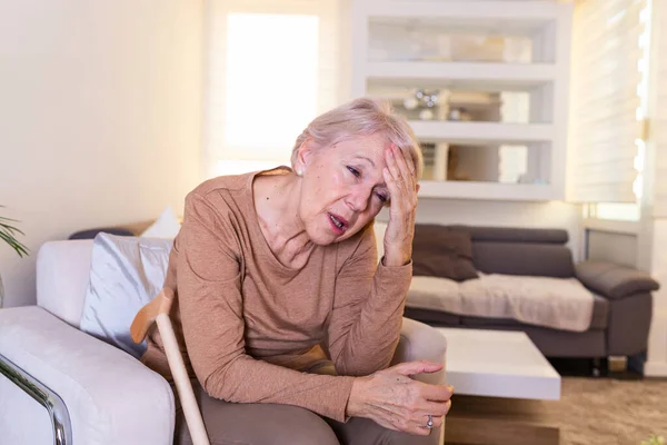 Attack Monster Migraine Sinus Pain Unhappy Retired Senior Woman Holding — Stockfoto