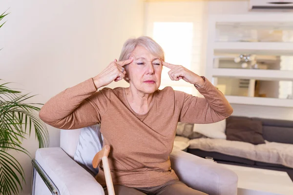 Woman Suffering Stress Headache Grimacing Pain Senior Woman Migraine Feeling — Stockfoto