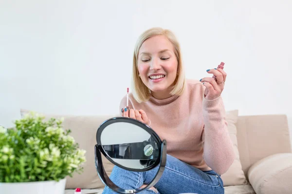 Woman Applying Black Mascara Eyelashes Makeup Brush Beauty Make Portrait — Stock Photo, Image