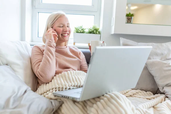 Happy Cheerful Young Woman Talking Phone Home Smiling Teen Girl — Stok fotoğraf