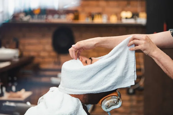 Barber Covers Face Man Hot Towel Traditional Ritual Shaving Beard — ストック写真