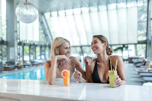 Women Friends Drink Cocktail Mojito Pool Bar Wear Bikini Luxury — Fotografia de Stock