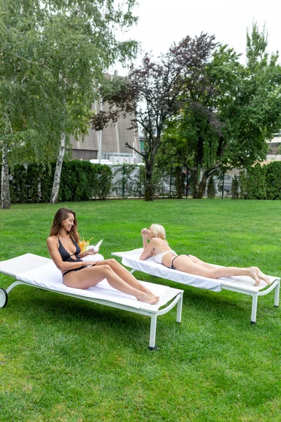 Mulher Com Seu Amigo Deitado Cadeira Lounge Perto Piscina Aplicando — Fotografia de Stock