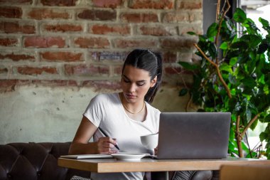 Genç iş kadını molasında bir kafeteryada çalışıyor. Kadın mola veriyor. Kahve dükkanından eğlenceli bir iş. Kahve dükkanından iş yapmak.