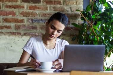 Genç iş kadını molasında bir kafeteryada çalışıyor. Kadın mola veriyor. Kahve dükkanından eğlenceli bir iş. Kahve dükkanından iş yapmak
