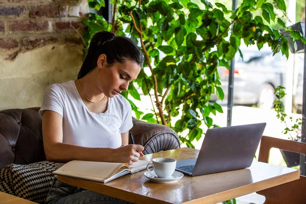 Kahve dükkanında dizüstü bilgisayarı olan genç bir kadın. Bir kadın mola veriyor. Kahve dükkanından eğlenceli bir iş. Kahve dükkanından iş yapmak.