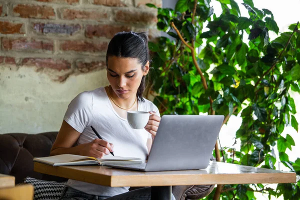 Young Businesswoman Working Cafeteria Her Break Woman Taking Break Enjoying — Stock Photo, Image