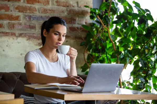 Young Businesswoman Working Cafeteria Her Break Woman Taking Break Enjoying — Stock Photo, Image