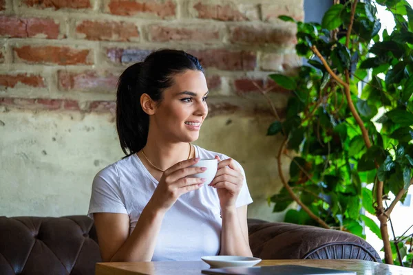 Bir fincan kahveyle güzel bir genç bayan. Kadınlar sabahları taze kahvenin keyfini çıkarırlar. Gün doğumu ise ev hayatı tarzında. Sabahları kahve içen güzel bir kadın pencerenin kenarında oturuyor.