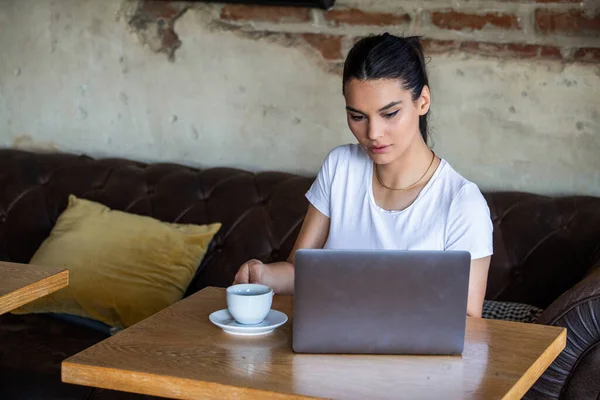 Happy Young Woman Relaxing Comfortable Couch Using Laptop Coffee Shop — Stok fotoğraf