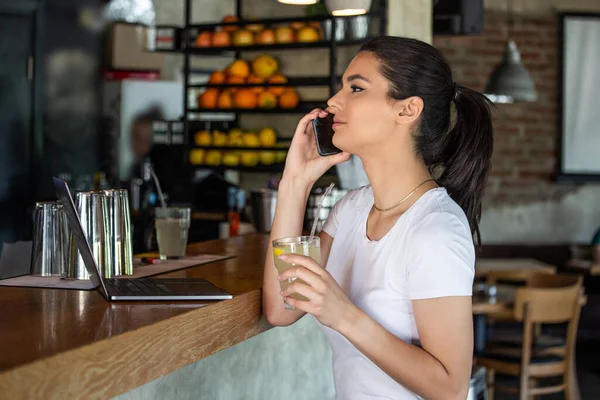 Young Charming Woman Calling Cell Telephone While Sitting Alone Coffee — Stok fotoğraf