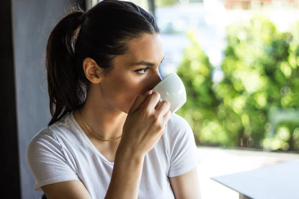 Portrait Young Woman Drinking Coffee Table Notebook Cafe Beautiful Cute — Stock Photo, Image